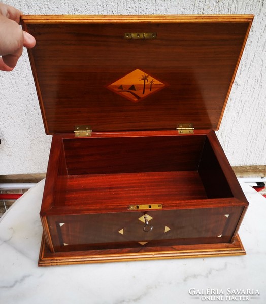 Beautiful Art Nouveau inlaid wooden box can be locked with a key. Art deco antique can also be used as a modern gift!