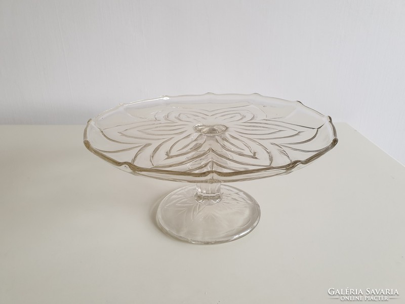 Old vintage glass plate with base, flat serving plate, cake plate, 27.5 cm