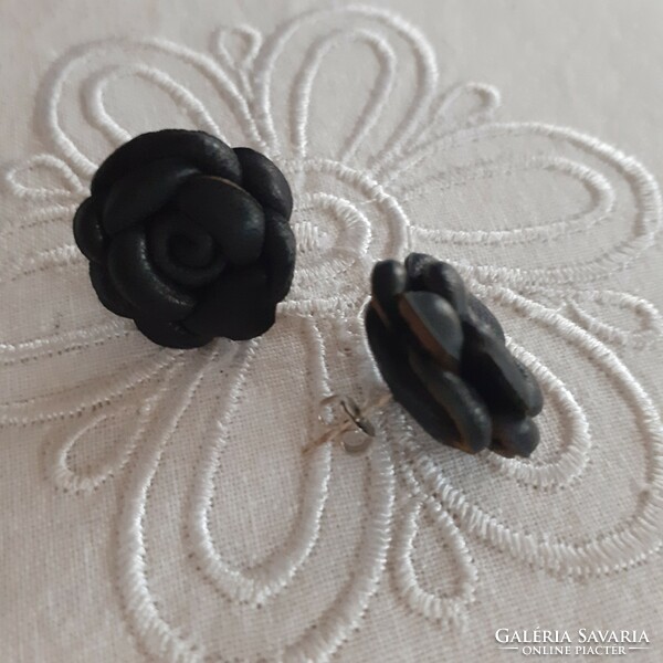 Black leather rose earrings
