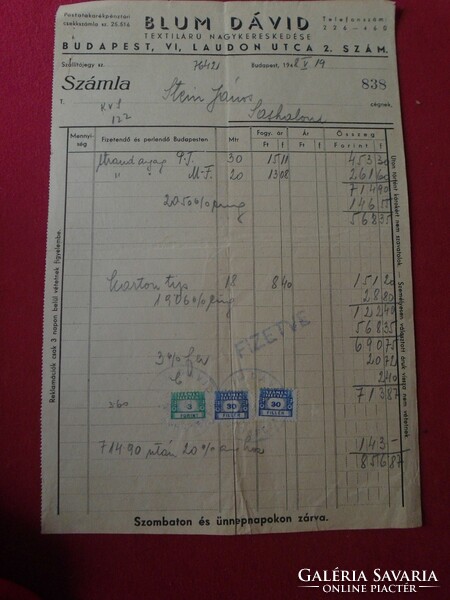 Del012.3 Old invoice - blum david textile wholesaler - stein sashalom - 1948