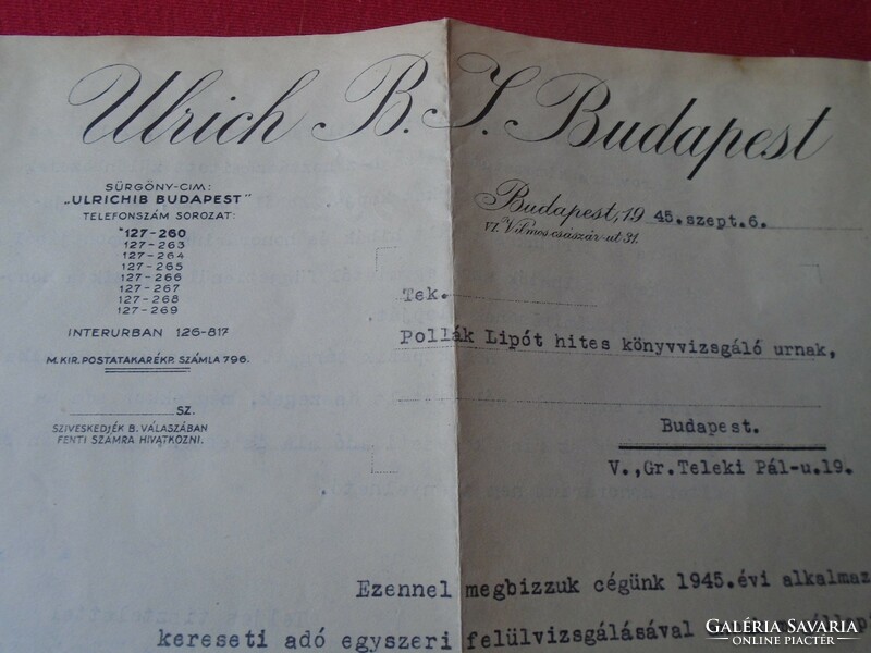 DEL011.20  Régi  irat  Ulrich B. I  - Budapest  1945 aláírással