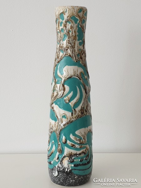 Csorgatott mázas iparművészeti kerámia váza-ritka türkizkék színben