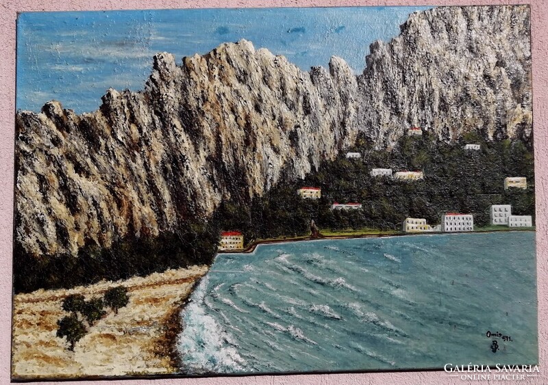 Omis Adriai tengerparti város látképe, nagy méretű olaj-vászon festmény szignálva, keret nélkül.