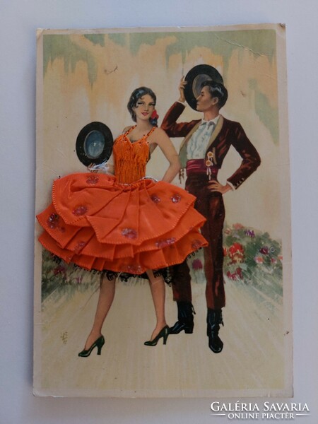 Old postcard spanish dancing couple 3d vintage postcard