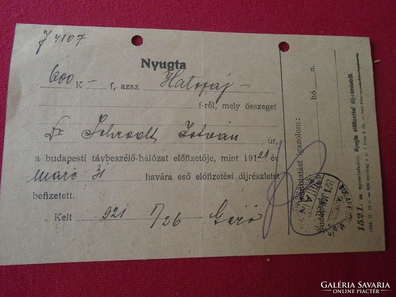 DEL012.15 Távbeszélő  nyugta  1921  600 korona Budapest  telefondíj