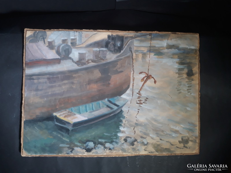 With Végh mark: ship with boat and iron cat - original marked tempera, 1957