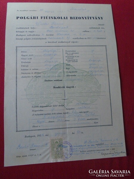 Del013.32 Civil boys' school certificate walter ferenc 1932 budapest -dr. János Dankó - r. raskó