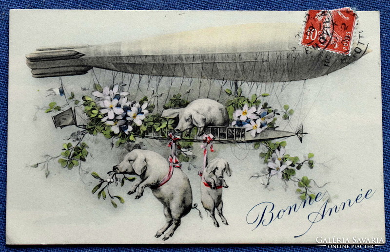 Antik Vienne stílusú grafikus Újévi üdvözlő képeslap léghajó malacokkal