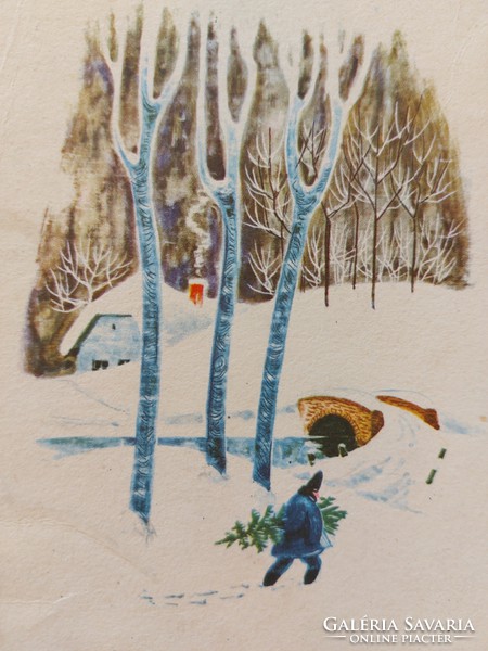 Régi karácsonyi képeslap 1964 rajzos levelezőlap havas erdő