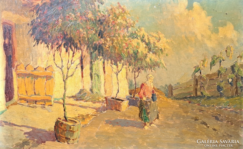 Ernő Rákosi: in the village - picture of rural life (oil, wood, 46×33 cm)