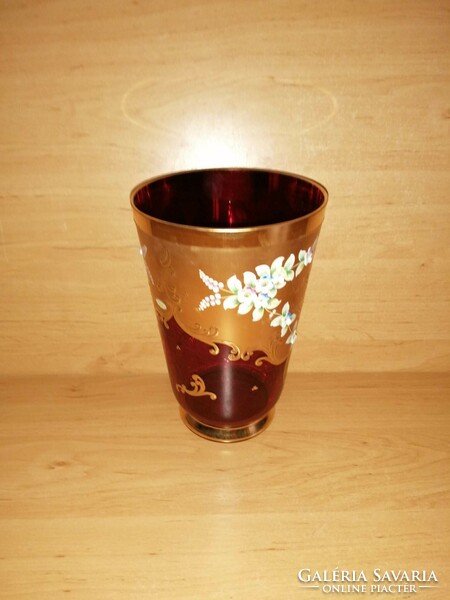 Régi Cseh Bohémia aranyozott üveg váza plasztikus virág díszítéssel, 20,5 cm magas.