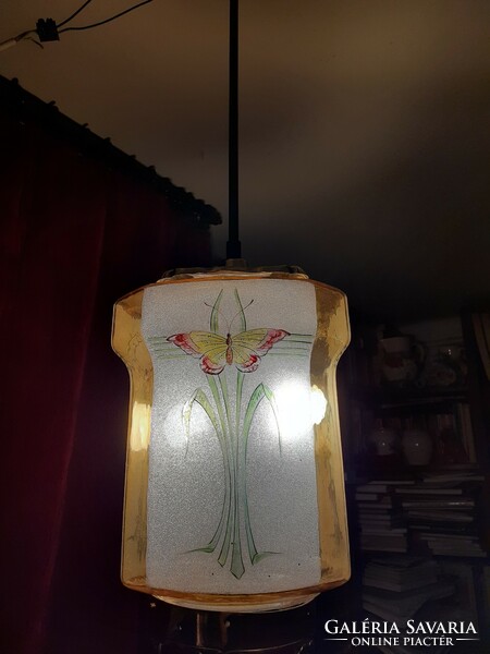 Art Nouveau antique copper pendant lamp, with acid-etched and painted shade
