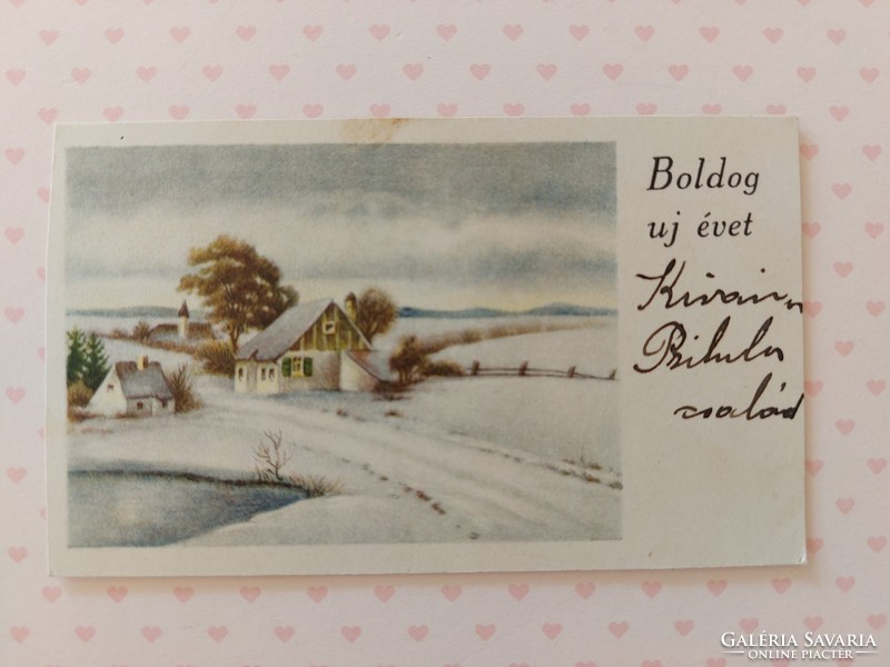 Régi újévi mini képeslap üdvözlőkártya havas tájkép