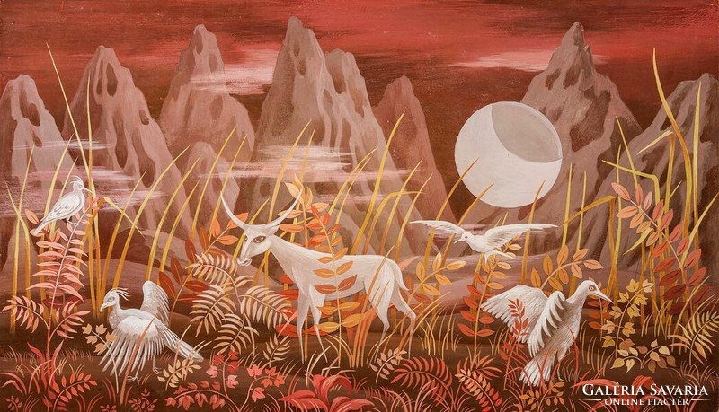 Remedios Varo A Hold völgye reprint nyomat, vörös bolygó tájkép mesevilág állatok telihold madarak
