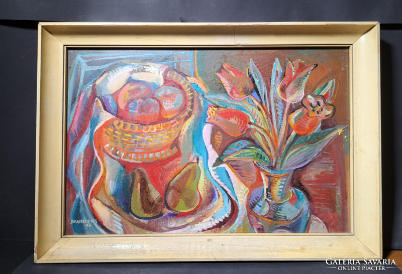 Brankovics Éva: Csendélet tulipánokkal és gyümölcsökkel, 1977 (kerettel 46x66 cm) képcsarnokos!