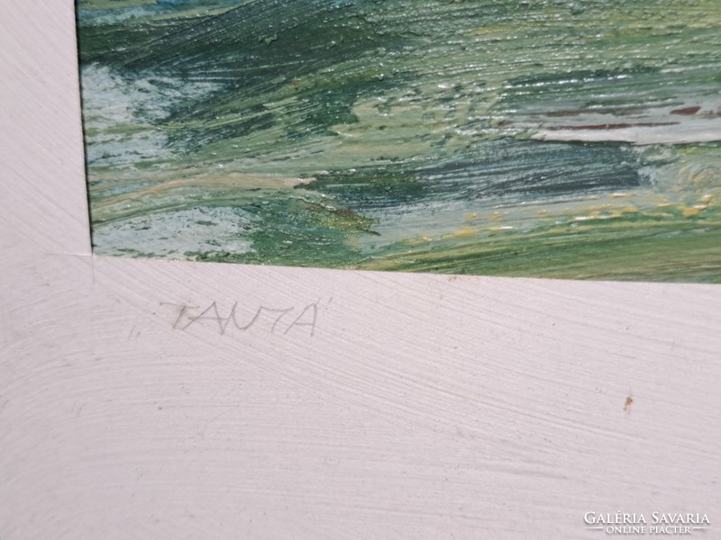 Tanya (olajfestmény kerettel 73x43 cm) alföldi táj, paraszti élet - azonosítatlan jelzéssel