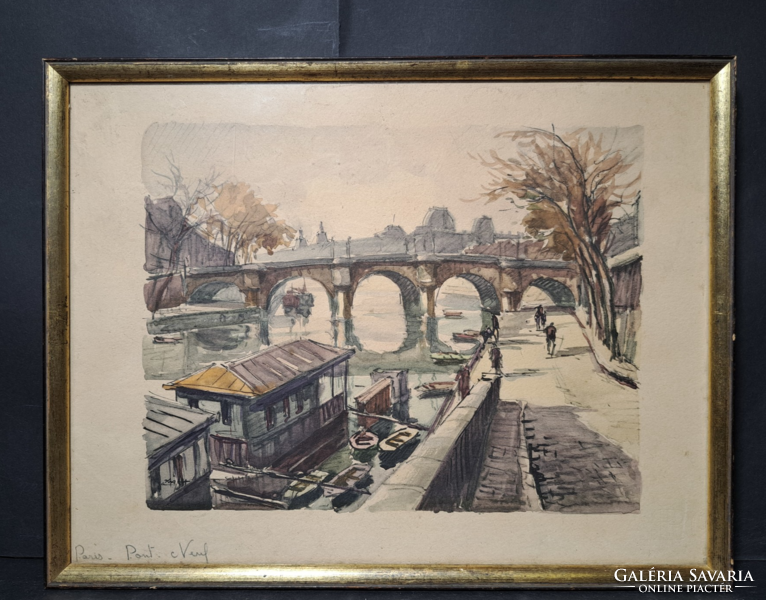 André Krafft (1911-1986) Párizs, Pont Neuf (akvarell) Szajna, párizsi utcakép, Franciaország