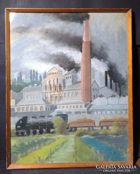 Factories, 1969 (pastel) urban streetscape, industry, social reality