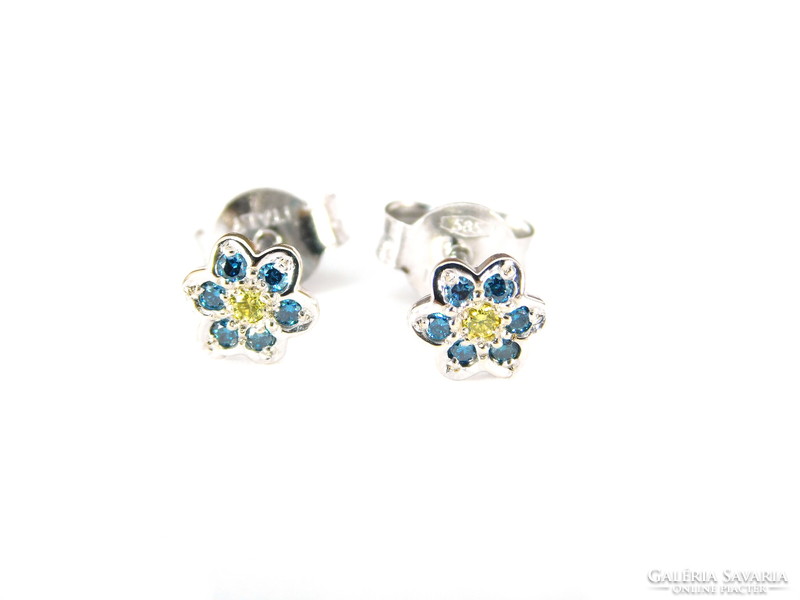 Brill 14 K Fehérarany Virág Fülbevalók Kék És Sárga Gyémántokkal