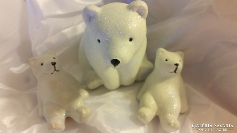 Glittery ceramic polar bear with cubs, Christmas decoration