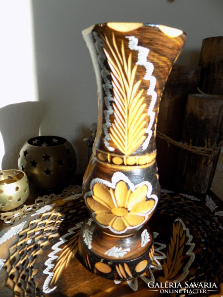 Painted, carved vase with tray