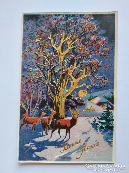 Régi újévi képeslap 1931 levelezőlap szarvas őzike havas táj