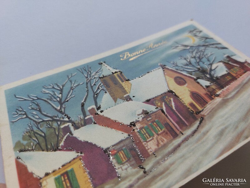 Old New Year's card 1949 postcard snowy cottages church