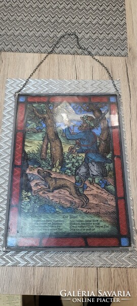 Painted glass wall decoration with a hunting scene.