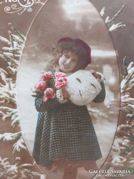 Old Christmas postcard photo postcard with little girl