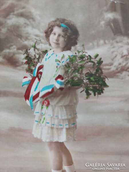 Old postcard photo postcard little girl mistletoe
