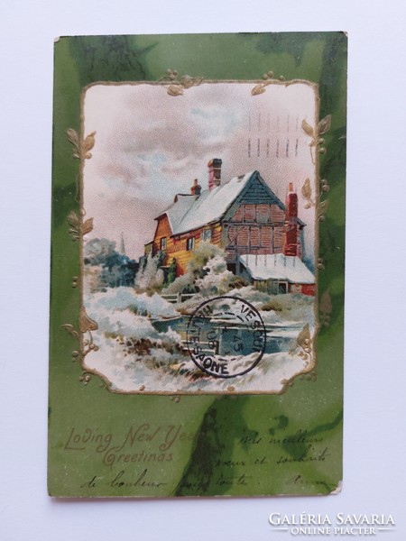 Régi újévi dombornyomott képeslap levelezőlap havas táj