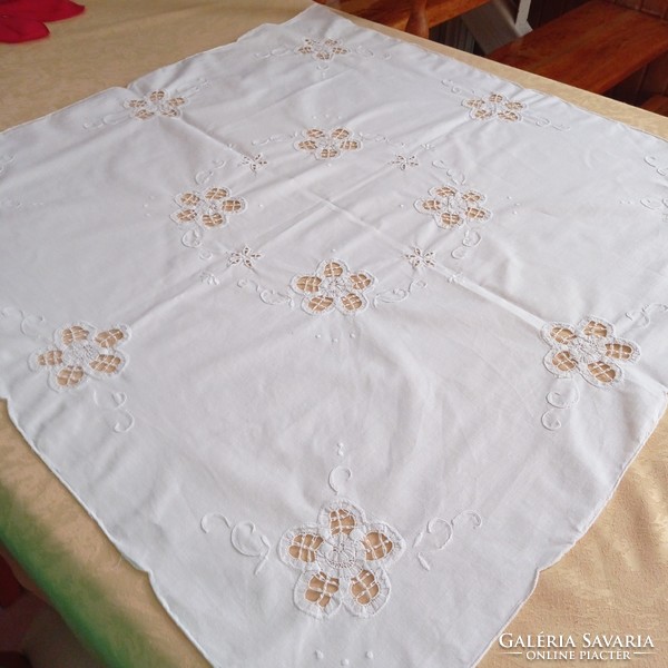 Hand-embroidered, white tablecloth, table center 80 x 78 cm