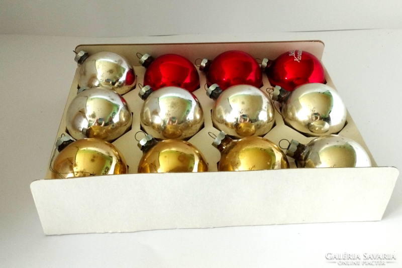 12 old glass Christmas tree ornaments in a box