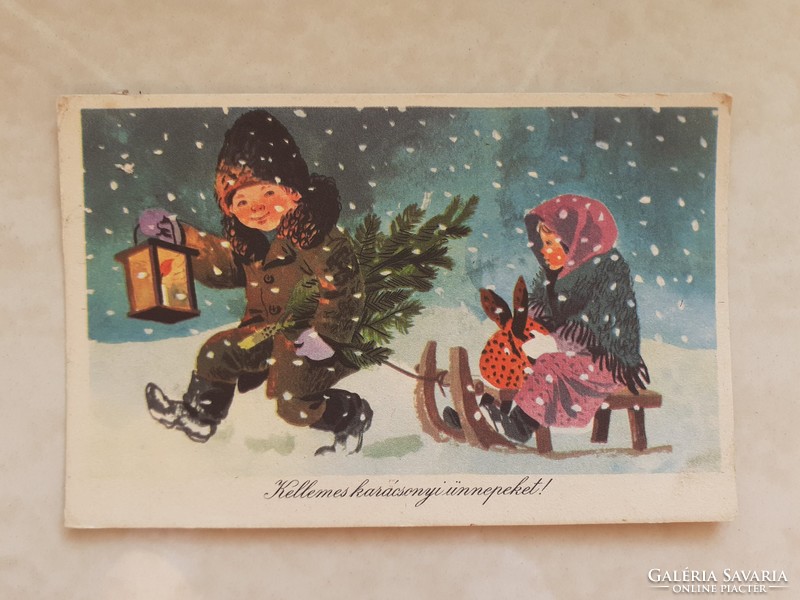 Régi karácsonyi képeslap szánkózás este hóesésben levelezőlap
