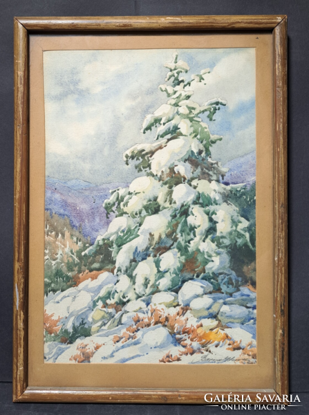 Gyönyörű téli tájkép - régi hangulatos akvarell (karácsony, fenyőfa, hó, havas táj)