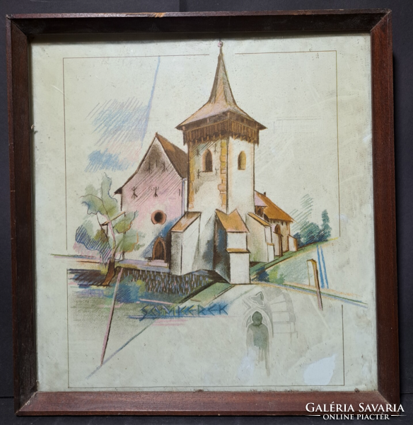 Somkerék church - offset print (with frame 33x32 cm) Transylvanian street scene, Romania
