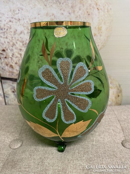 Bohemia Czech emerald green gilded glass vase a32