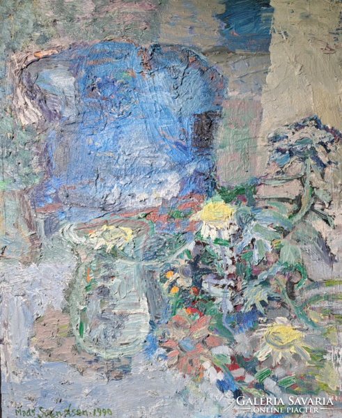 Mads Svendsen: Csendélet (olaj, farost 46×38 cm) Tiriltunga, 1990, Holmlia - skandináv festő