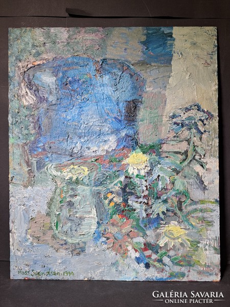 Mads Svendsen: Csendélet (olaj, farost 46×38 cm) Tiriltunga, 1990, Holmlia - skandináv festő