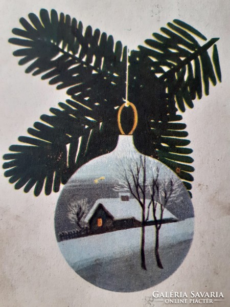 Old Christmas postcard 1958 postcard with a picture of a pine branch