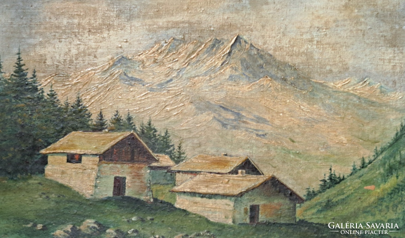 Alpesi tájkép házikókkal - jelzett (35×25 cm) olaj, karton