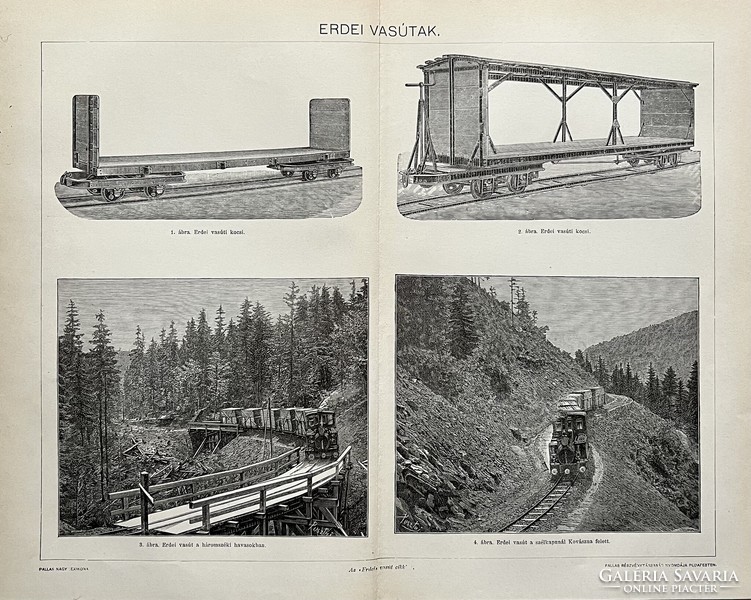 Antik 19.sz erdei vasút nyomat-papír- ábra,gépészet, mechanizmus, kocsi, kovászna, háromszéki