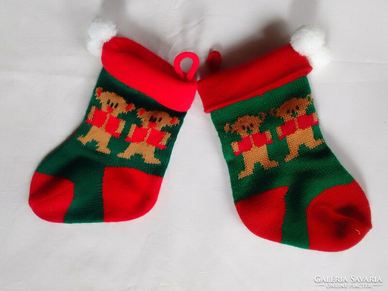 Two teddy bears red green Christmas gift bag stockings socks fireplace hanging ornament decoration
