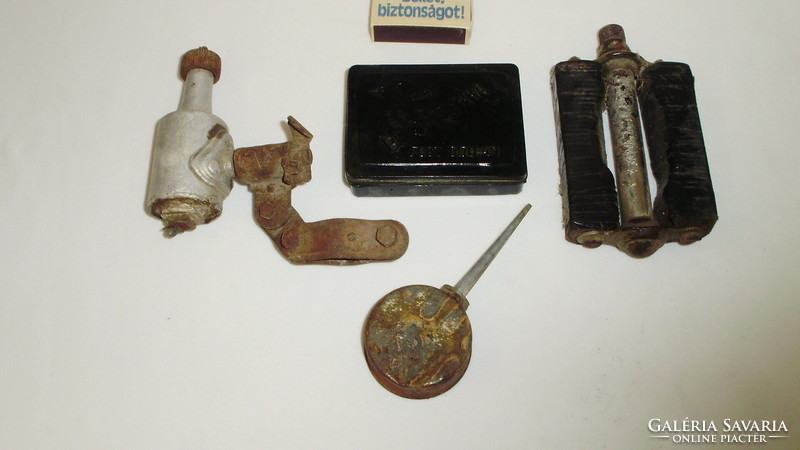 Old bicycle parts - together - oiler, glue box, pedal, dynamo