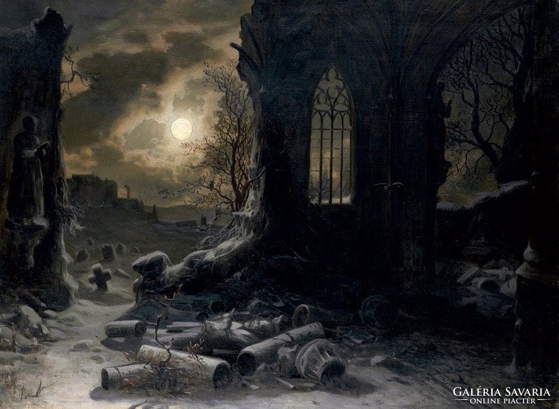 Felix Kreutzer (1835-1876) Holdfényes Éjszaka Gótikus Kápolna Telihold Templom Rom Misztikus Táj