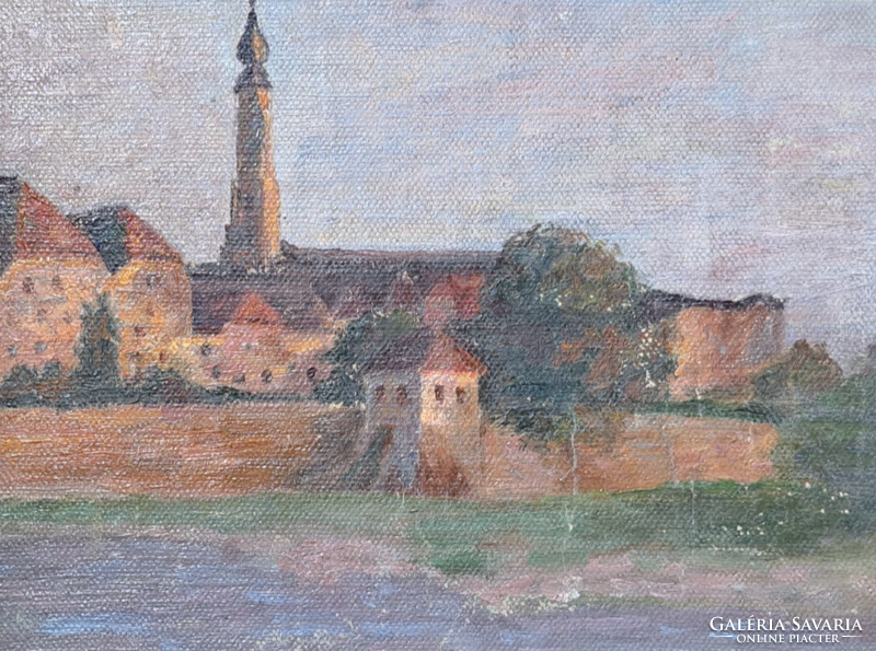 Cityscape with church tower, old oil, canvas (with frame 34x28 cm)