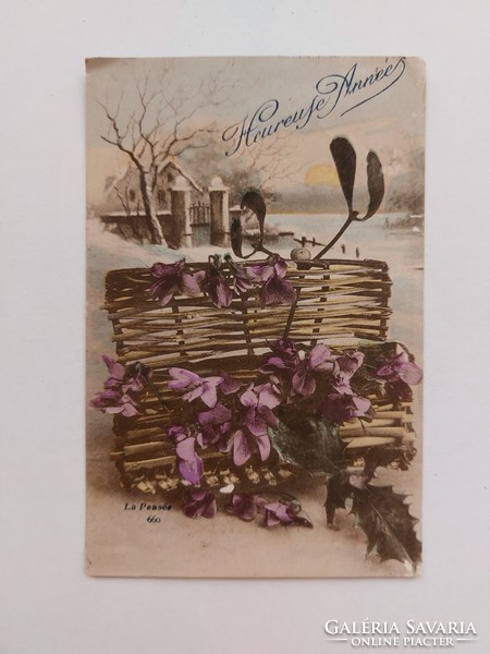 Régi képeslap virágos levelezőlap ibolya tájkép