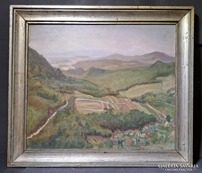 Panoráma - falu a hegyekben - meseszép olajfestmény 1956-ból (kerettel 68x59 cm)