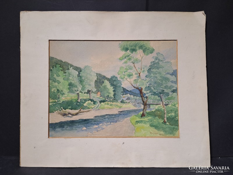 Trees along the river - atmospheric landscape from 1939 (41x34 cm watercolor)