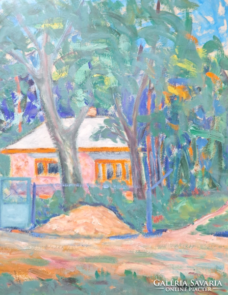 Kővári jelzés: Erdei ház (kerettel 47×38 cm) utcakép, olaj